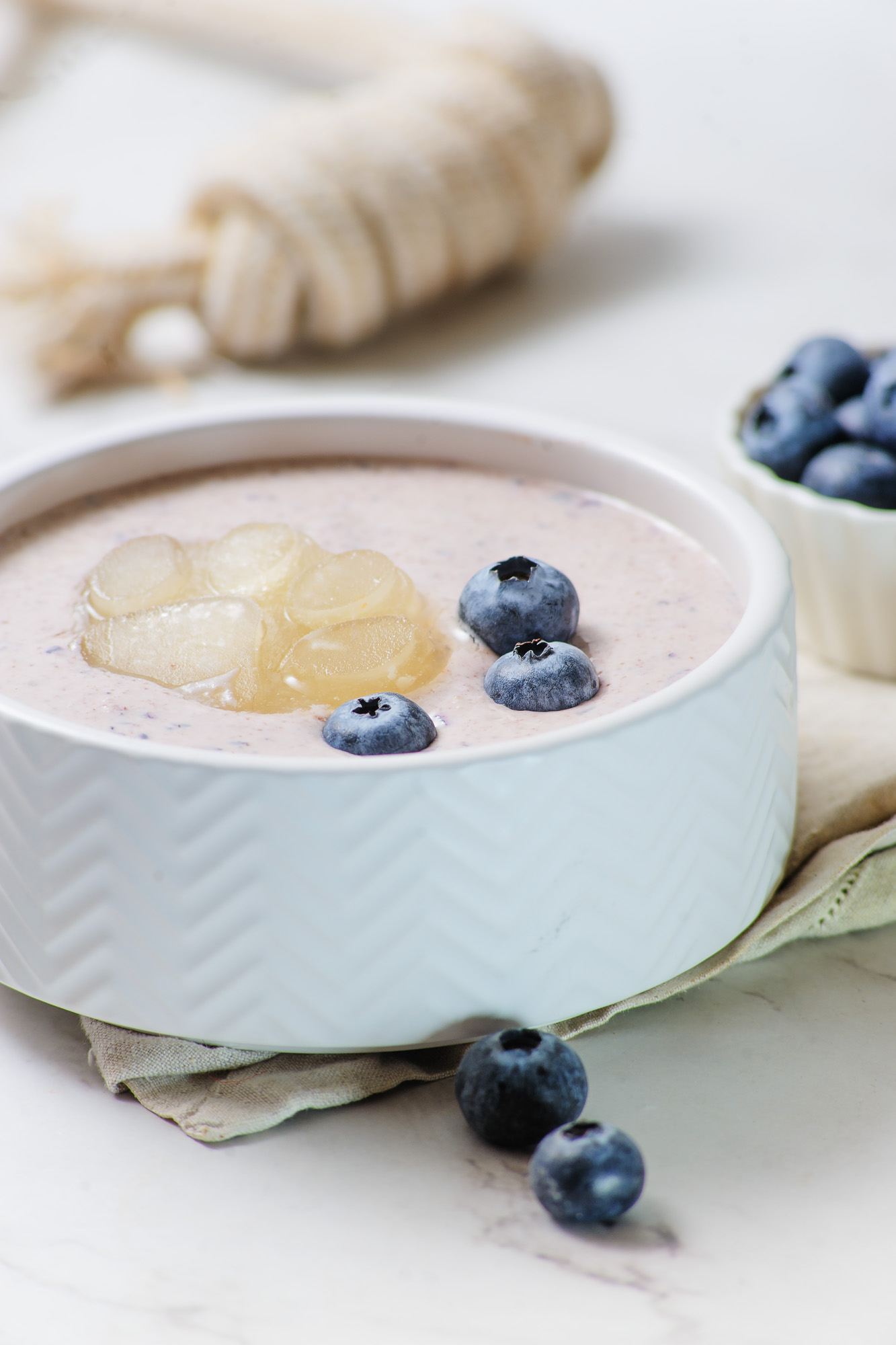 A bowl of smoothie with blueberries and a frozen dog treat in the middle of the bowl. There is a dog rope toy and blueberries in the background. 
