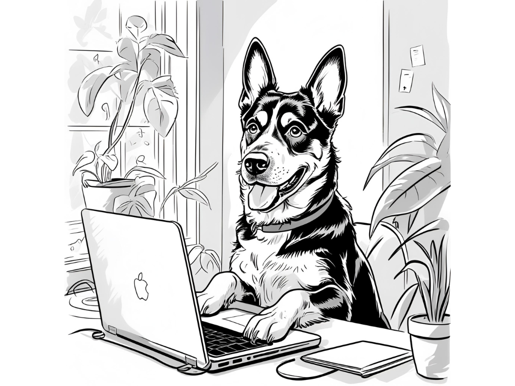 A drawing of a german shepherd sitting at a table with a computer writing an email with plants in the background. 
