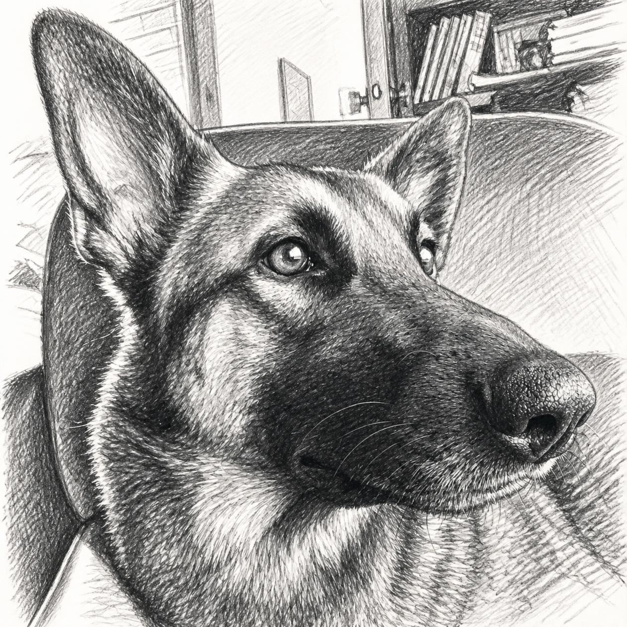 A drawing of a german shepherd sitting at a table with a computer writing an email with plants in the background. 